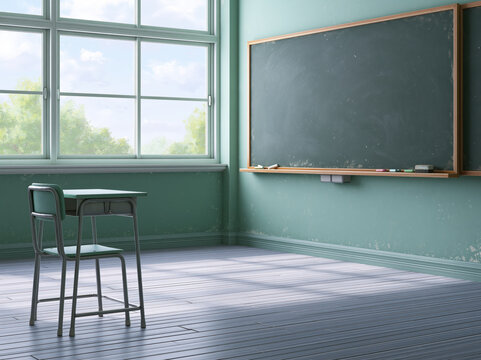 Classroom blackboard desk chair window empty high school unclean chalk green wall, quiet school room with wooden floor and natural light through large window