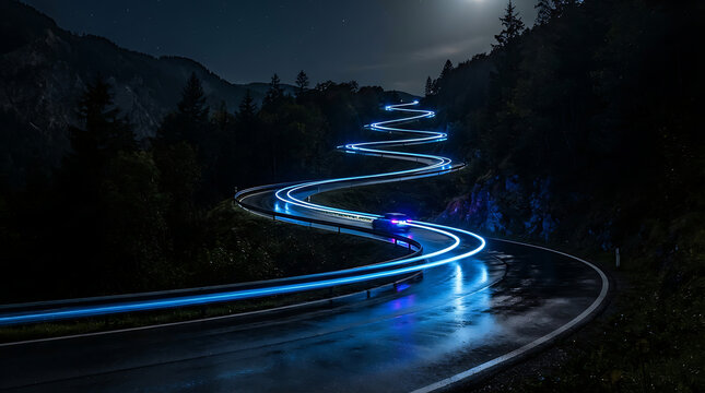 A long-exposure photograph at night captures a winding mountain road with bright blue light trails from a vehicle moving along it.