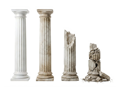 A series of four classical architectural columns in varying states of decay, from pristine to broken, isolated on transparent background
