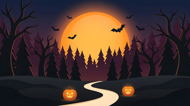 Halloween jack o lanterns on winding path with spooky moon
