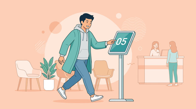 Young Man Interacting with Digital Queue Number Display in Waiting Room