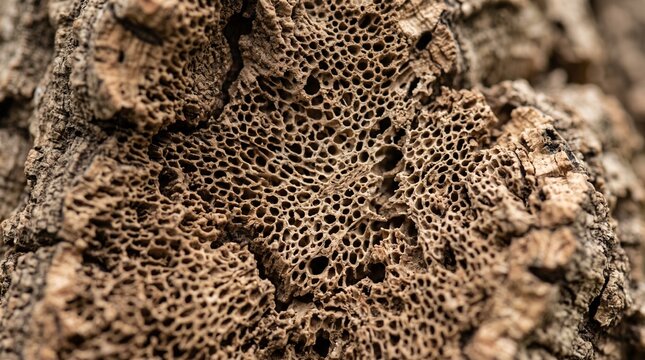 Detailed macro closeup of porous cork oak tree bark texture with porous cellular cavities