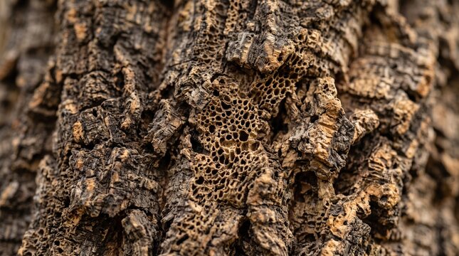 Macro photograph of weathered cork oak bark on tree trunk displaying deeply grooved porous texture