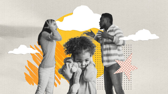 Worried Mixed Race Child Covering Ears With Hands While Parents Argue During Disagreement At Home, Emotion Visible. Family Conflict Occurring In Domestic Setting, Tension Noticed.