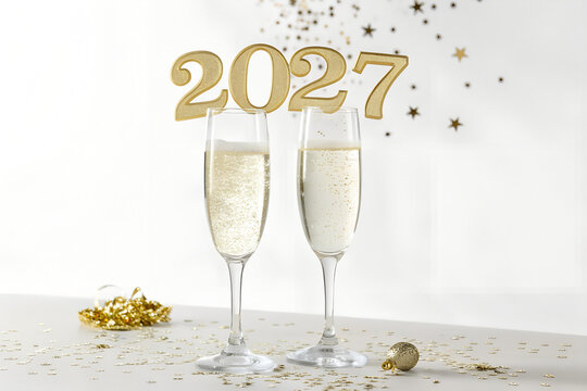 Two sparkling champagne flutes topped with gold 2027 numerals for new year