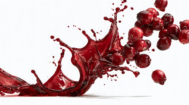 A studio splash capture of juicy cranberries exploding out of deep red liquid provides a versatile background suited for fruit drink labels and poster artwork.
