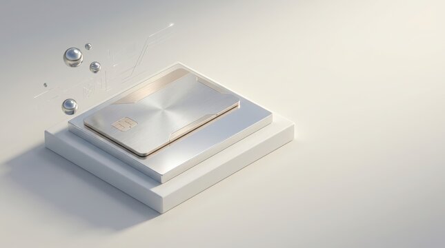 Minimalist 3D render of a metallic square button on a white platform with floating rings.