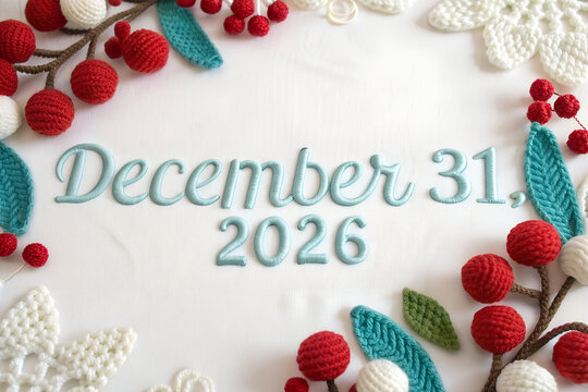 December 31 2026 knitted text with crochet flowers and red berries, december