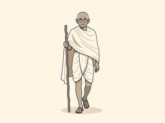 Fototapeta premium Illustration of Mahatma Gandhi walking with a wooden walking stick.