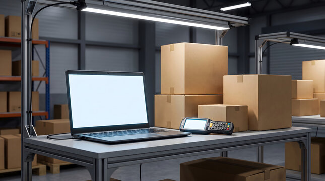 Laptop and barcode scanner on a warehouse packing table with boxes