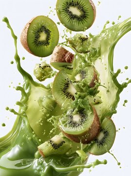 Studio macro capture of kiwi slices exploding out of thick green nectar. Versatile portrait backdrop tailored for fruit drink packaging, poster artwork, and promotional media.