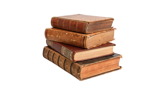 Stack of old vintage leather bound books antique isolated on transparent background