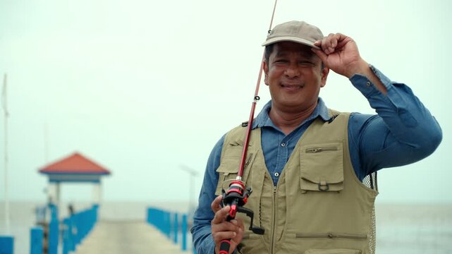 Portrait Senior man preparing fishing gear by the seaside. Retirement lifestyle active aging. Healthy longevity, outdoor recreation, peaceful leisure. Life insurance planning for a secure retirement.
