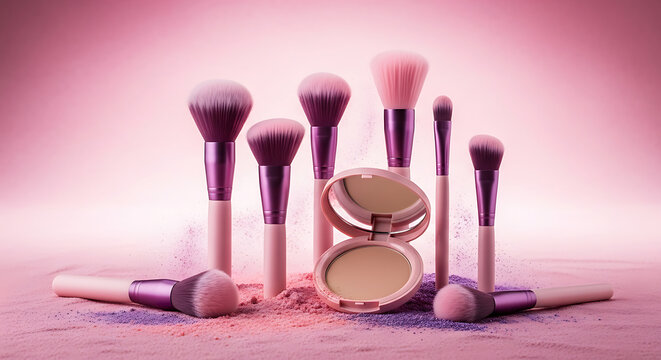 A collection of makeup brushes with pink handles and purple ferrules arranged around a compact powder case on a dusty pink surface