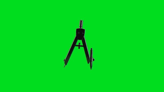 A sleek black metal drafting compass isolated against a vibrant green screen