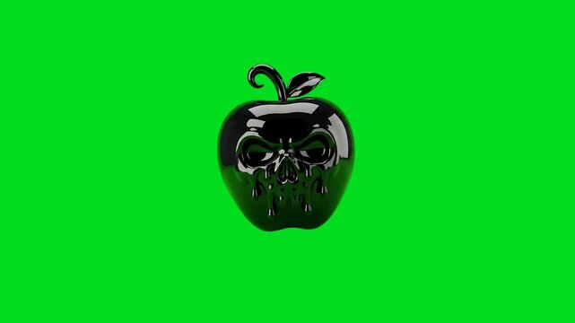 A glossy black poison apple with a skull face against a bright green background