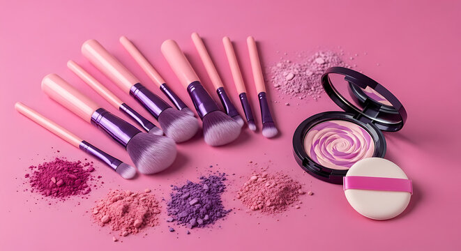 A collection of makeup brushes with pink handles arranged next to a compact powder with a swirled pink and purple pattern on a pink surface
