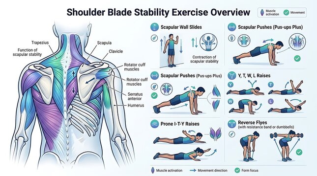 Shoulder Blade Stability Exercises and Scapular Muscle Anatomy Infographic