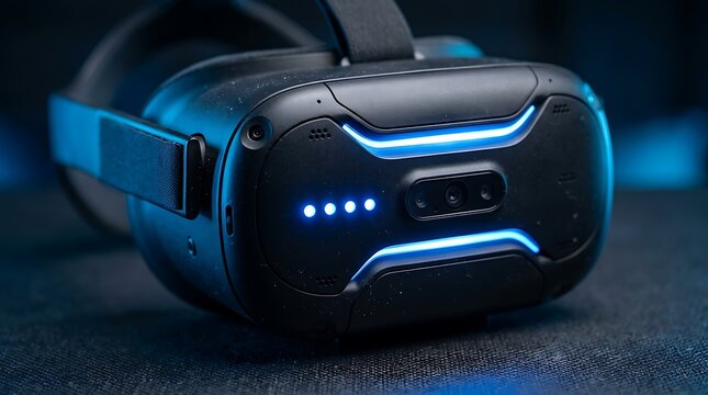 Futuristic Virtual Reality VR Headset with Glowing Blue Neon Lights