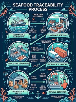 Seafood traceability process infographic showing supply chain stages