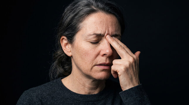 Retrato comercial de alta resoluci&oacute;n enfocado estrechamente en un adulto experimentando dolor de cabeza sinusal, presionando suavemente los puntos de presi&oacute;n faciales