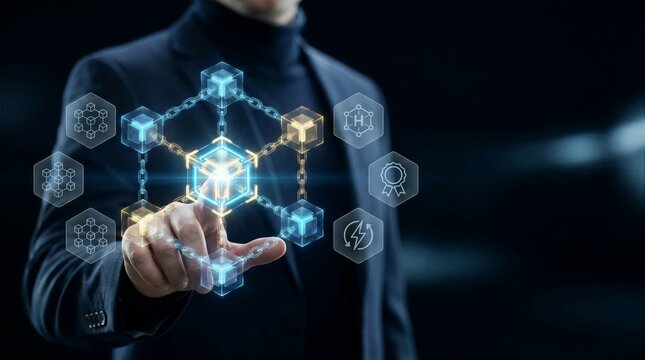 Hand interacting with glowing supply chain blockchain nodes and smart contract data blocks on virtual digital interface