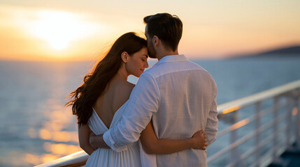 Fototapeta premium Faceless couple standing side by side on the upper deck of a cruise ship, looking toward a glowing sunset over the sea, relaxed vacation mood, elegant summer clothing, romantic
