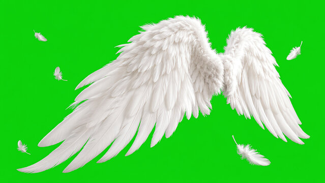 Elegant white angel wings with feathers, symbolizing purity and spirituality against a vibrant green background.