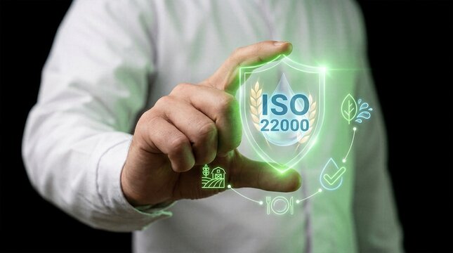 Professional presenting glowing green shield with ISO 22000 text and agricultural food safety management system icons for quality assurance standard