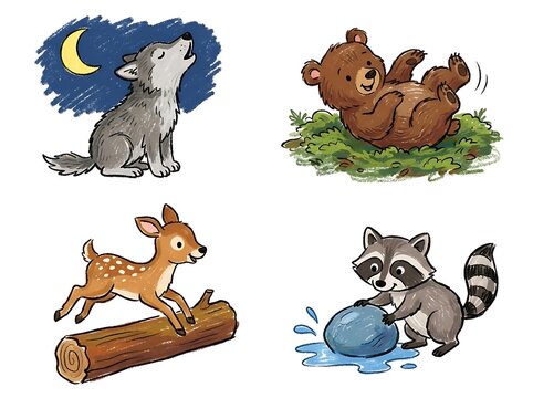 Crayon art of forest animals featuring wolf, bear, deer and raccoon