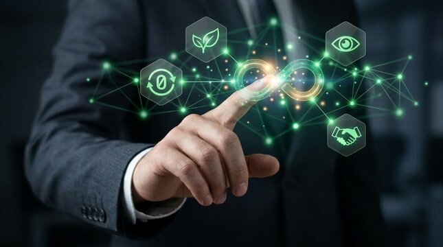 Businessman touching glowing green infinity loop with sustainability eco growth and corporate partnership icons on digital network dashboard