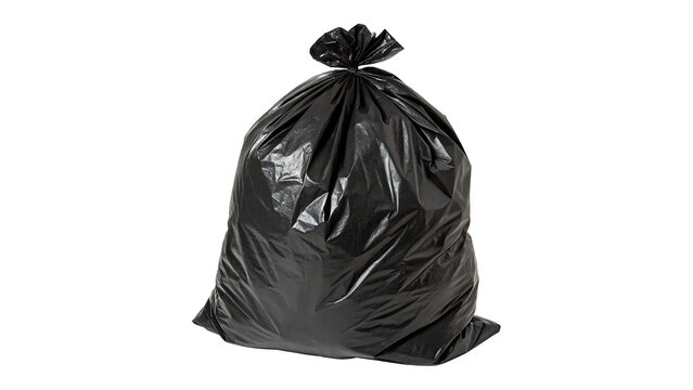Full black plastic garbage bin trash bag isolated on transparent background