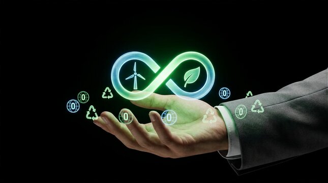 Hand presenting glowing green infinity loop with renewable wind energy leaf and recycling icons for eco friendly environmental conservation concept