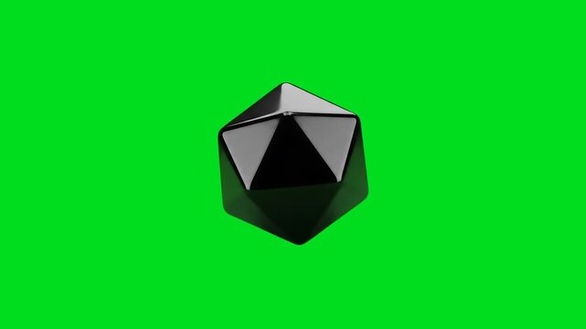 A shiny black icosahedron floating against a vibrant chroma green background