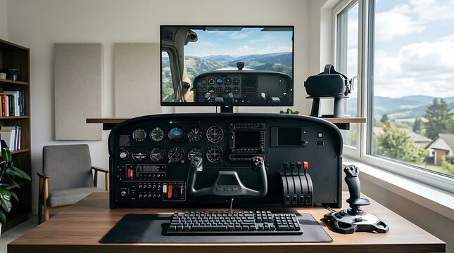 Home Flight Simulator Setup with Cockpit Controls and VR Headset