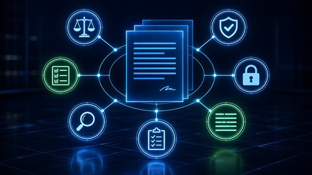 Legal compliance framework concept with digital document integrating regulatory standard icons for cybersecurity policy and governance