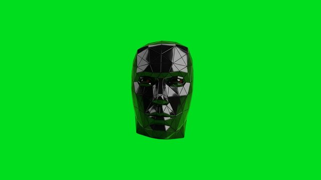 A low poly black digital head model displayed against a vibrant green screen