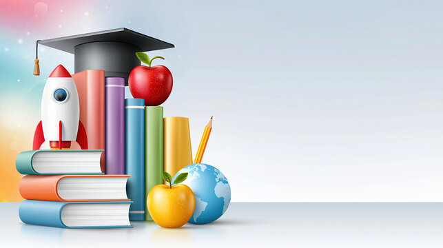 Book education school background rocket graduation apple globe pencil icon colorful book stack with graduation cap, apple, globe, pencil, rocket on pastel educational background for learning theme