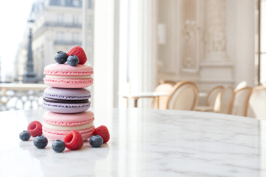 A delicious stack of macarons topped with fresh berries, perfect for a sweet treat in an elegant setting.