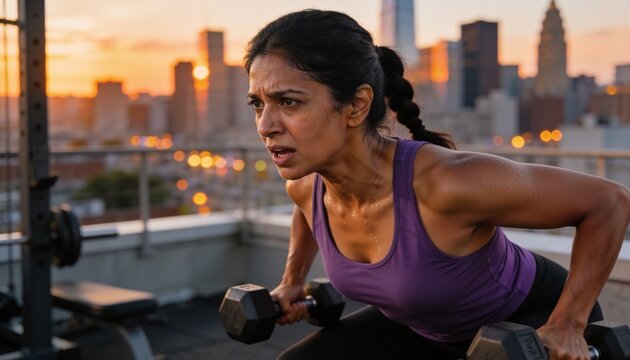 Lifting Indian woman in purple-tank doing bent-over row on rooftop at sunset, hex dumbbells