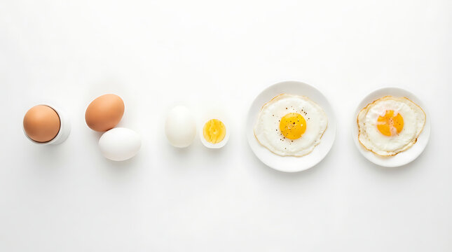 A top-down shot of eggs at various stages on a white surface, arranged from left to right. On the far left sit two brown eggs and one white egg. Next are two peeled hard-boiled eggs, one whole and one