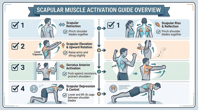 Scapular Muscle Activation Guide: Shoulder Blade Exercises and Physical Therapy Infographic