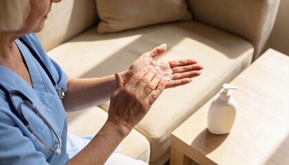 Obraz premium Rubbing caregiver blue-scrubbed applying lotion to hands on home sofa with pump bottle, copy space
