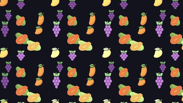 Seamless 4K motion graphic pattern featuring repeating illustrations of sliced papaya, whole mangoes, and purple grape bunches on a dark background for video production.
