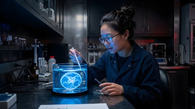 Asian female scientist studying a glowing jellyfish specimen in lab