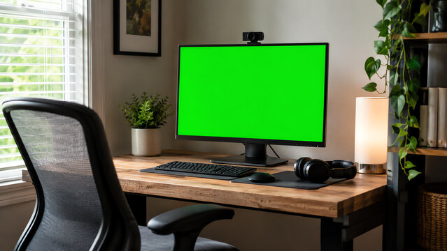 A modern workspace with a green screen computer monitor, ergonomic chair, and decorative plants, ideal for remote work settings.