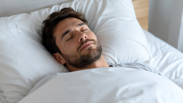 A peaceful man sleeping soundly in bed, surrounded by soft pillows and cozy blankets, embodying tranquility and restfulness.