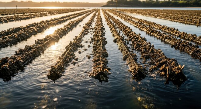 Tranquil Oyster Farm with Rows of Growing Shellfish Under Sunlight