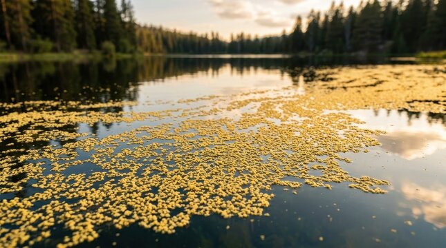 Tranquil Lake Scene with Floating Yellow Flowers at Sunset