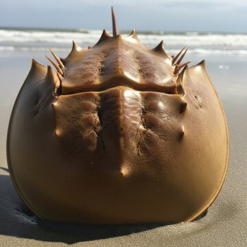 Unique Horseshoe Crab Resting on Sandy Beach by the Ocean Shoreline